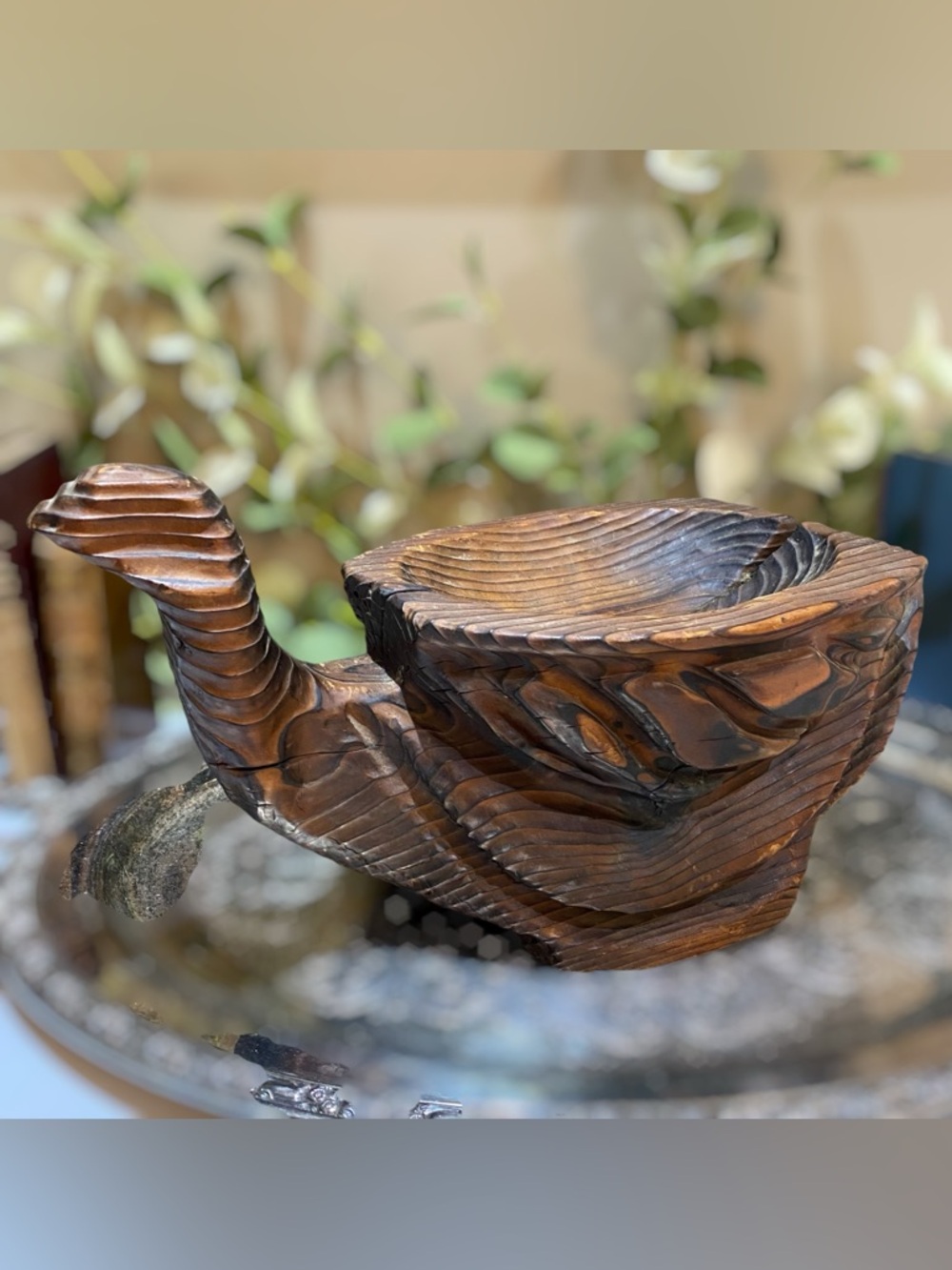 Vintage Carved Wood Duck Goose Centerpiece Bowl Large 14” Marked Statement Piece